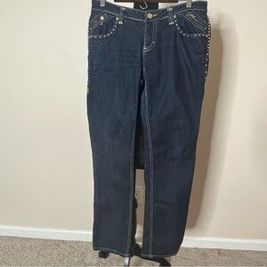 Coogi Thick Stitch Stud‎ Zip Pocket Low Rise Straight Leg Dark Wash Jeans 11/12